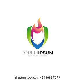 Shield logo and fire design colorful, flame logos, security