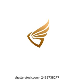 shield logo with flying wings combination in gold color luxury vector design style