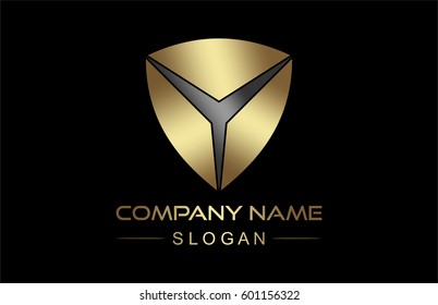 shield logo in gold and metal color