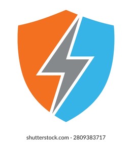 Shield logo with gray lightning bolt on orange and blue background, protection symbol