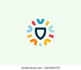 Shield logo. Guard logotype in a frame from colored shapes. Protection security insurance logotype. Vector illustration.