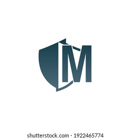 Shield logo icon with letter M beside design vector illustration