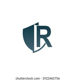 Shield logo icon with letter R beside design vector illustration