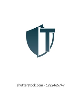 Shield logo icon with letter T beside design vector illustration