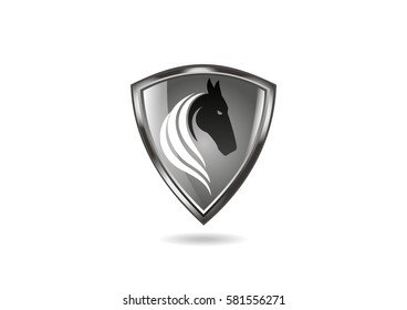 Shield logo icon template black and white graphic design with horse head on white background