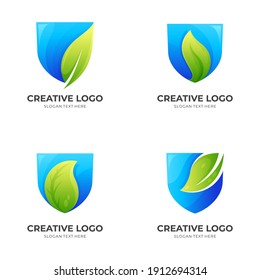 shield logo with leaf design nature icon, security logos