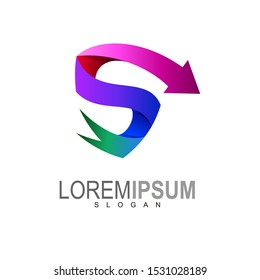 Shield logo with letter s and arrow design vector, ribbon logo with colorful icon