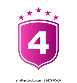 Shield Logo On Letter 4 Vector. Letter 4 Shield Security Logo Protection Symbol Vector Sign Design