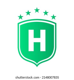 Schild Logo auf Buchstabe H, Vektorgrafik. Logo-Schutzsymbol des Schilds H-Schild-Sicherheitslogo - Vignettendesign