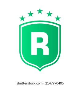 Schild Logo auf Buchstabe R, Vektorgrafik. Zeichen-R-Schild-Sicherheitslogo-Schutzsymbol Vignettendesign