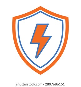 Shield logo with orange lightning bolt symbol on white background representing security and protection