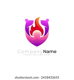 Shield logo and people design combination, flame logos