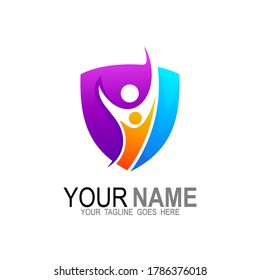 Shield logo  with people design illustration, shield icon,  family symbol, charity and social