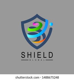 Shield logo and ribbon with globe design combination, colorful logo template