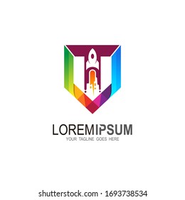 Shield logo with rocket design vector, T and V logo, Colorful icons