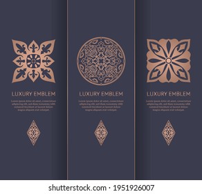Logo-Set. Kann für Schmuck-, Beauty- und Modebranche verwendet werden. Ideal für Emblem, Monogramm, Einladung, Flyer, Menü, Broschüre, Hintergrund oder jede gewünschte Idee. Elegante, klassische Elemente. EPS10.