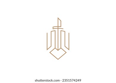 Shield logo with sword in continuous line design concept