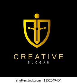 shield logo with sword design illustration, line and shield icon