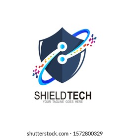 Shield logo with technology design illustration, Pixel icon