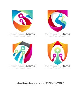 Schildlogo und Technologiedesign - moderne, 3D-farbige Logo-Vektorgrafik