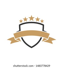 shield logo template with ribbon and stars ready for use, shielding icon, security and protector symbol