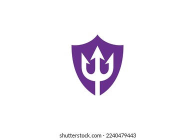 Shield logo with trident shape in purple color flat design