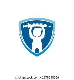 Shield logo, vector shield  with silhouette kid holding syringe, health protection logo, vaccine immunization, child health care logo, medical clinic symbol