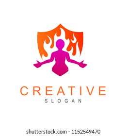 shield logo and yoga sports, shield icon , fire symbol, human logo
