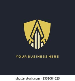Shield logo.Powerful protection symbol with geometric design.Security icon isolated on dark background.Arrow pointing up on a defense sign.Modern, bold shape.