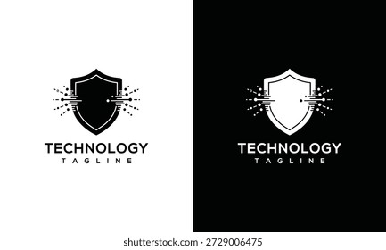Shield logos symbolizing protection and technology displayed on contrasting backgrounds