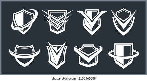 Shield logos vector set, different ammo protection symbols collection, antivirus or sport theme, insurance or guarantee.