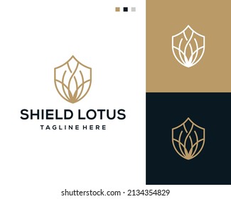 Diseño del logotipo de la línea de arte Escudo y loto	