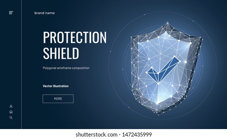 Shield. Low poly wireframe style. Concept of Data Protection Design. Digital shield. Polygonal abstract isolated on blue background. Particles are connected in a geometric silhouette. Vector