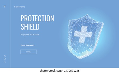 Shield. Low poly wireframe style. Concept of Data Protection Design. Digital shield. Polygonal abstract  isolated on blue background. Particles are connected in a geometric silhouette. Vector