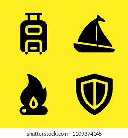 shield, luggage, bonfire and sailboat vector icon set. Sample icons set for web and graphic design