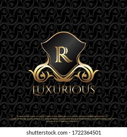 Shield Luxury Logo Letter R Logo Icon Template Boroque Ornate Floral Leaf,  Classy monogram vintage logo vector design concept for luxuries business