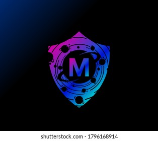 Shield M Letter Design. Planet Protection Logo Concept. Creative Galaxy Guard icon.