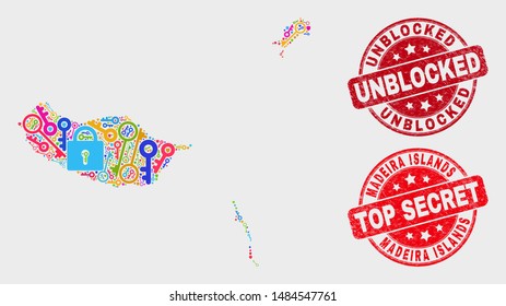 Shield Madeira Islands map and watermarks. Red round Top Secret and Unblocked scratched watermarks. Colorful Madeira Islands map mosaic of different passkey icons.