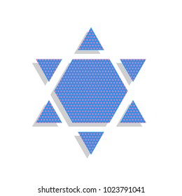 Shield Magen David Star Inverse. Symbol of Israel inverted. Vector. Neon blue icon with cyclamen polka dots pattern with light gray shadow on white background. Isolated.