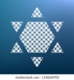 Shield Magen David Star Inverse. Symbol of Israel inverted. Vector. White textured icon at lapis lazuli gradient background.