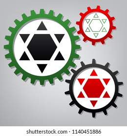 Shield Magen David Star Inverse. Symbol of Israel inverted. Vector. Three connected gears with icons at grayish background.