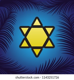 Shield Magen David Star Inverse. Symbol of Israel inverted. Vector. Golden icon with black contour at blue background with branches of palm trees.