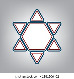 Shield Magen David Star Inverse. Symbol of Israel inverted. Vector. Dark red, transparent and midnight green stroke of white icon at grayish background.