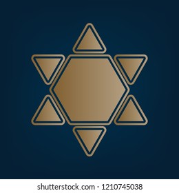 Shield Magen David Star Inverse. Symbol of Israel inverted. Vector. Golden icon and border at dark cyan background.