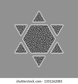 Shield Magen David Star Inverse. Symbol of Israel inverted. Vector. Black maze filled icon with white border at gray background.