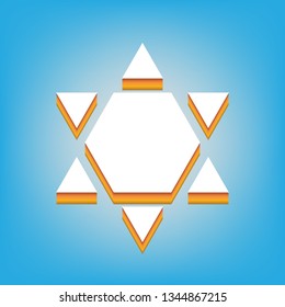 Shield Magen David Star Inverse. Symbol Of Israel Inverted. Vector. White Icon With 3d Warm-colored Gradient Body At Sky Blue Background.