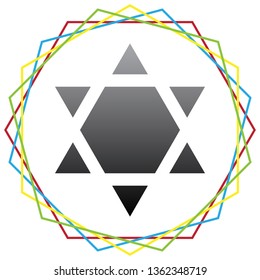 Shield Magen David Star Inverse. Symbol of Israel inverted. Vector. Black icon with patch of light inside colorful hexagonal frames at white background.