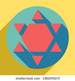 Shield Magen David Star Inverse. Symbol of Israel inverted. Sunset orange icon with llapis lazuli shadow inside medium aquamarine circle with different goldenrod shadow at royal yellow background.
