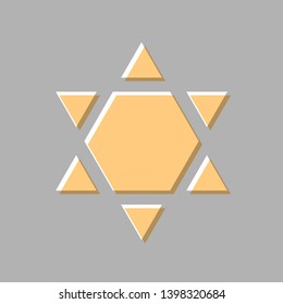 Shield Magen David Star Inverse. Symbol of Israel inverted. Emboss effect with light orange icon on gray background.