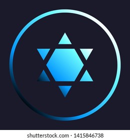 Shield Magen David Star Inverse. Symbol of Israel inverted. White, cyan and blue gradient icon as round button in white shell at dark blue background. Illustration.